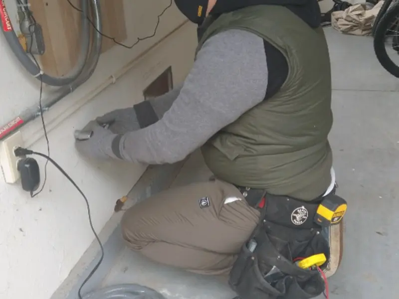Electrician performing outlet wiring in a Mount Vernon garage